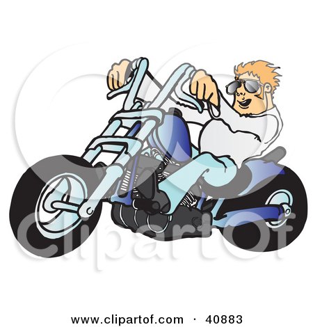 Clipart Illustration of a Young, Blond Biker Dude In Shades, Riding His Blue Chopper by Snowy