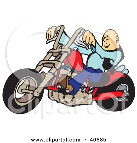 Clipart Illustration of a Cool Bald Biker Dude Riding His Red Chopper by Snowy