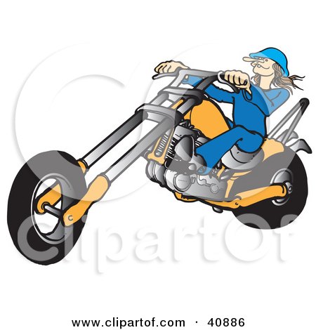 Clipart Illustration of a Brunette Biker Chick In A Hat, Riding An Orange Chopper by Snowy