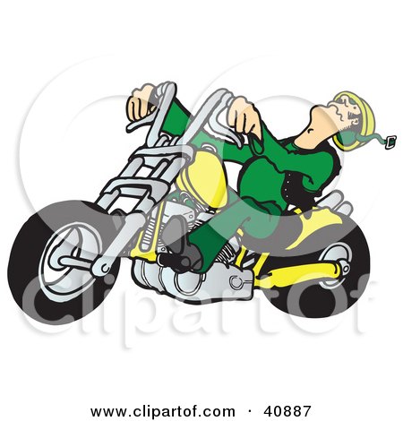 Clipart Illustration of a Biker Dude's Head Falling Back While Riding A Powerful Yellow Chopper by Snowy