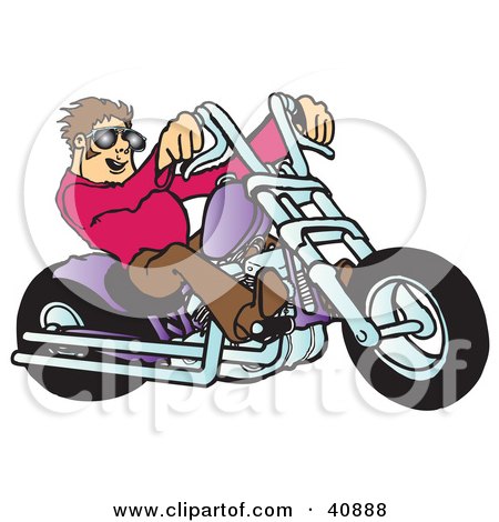 Clipart Illustration of a Young, Brunette Biker Dude In Shades, Riding His Purple Chopper by Snowy