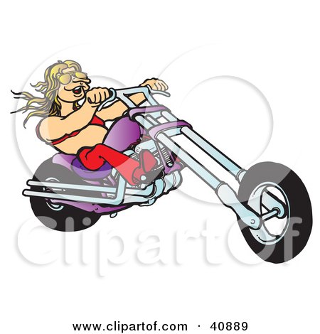 Clipart Illustration of a Blond Biker Chick In A Halter Top, Riding Her Purple Chopper by Snowy