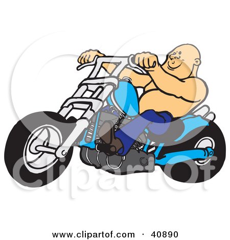 Clipart Illustration of a Bald And Shirtless Biker Dude Riding His Blue Chopper by Snowy