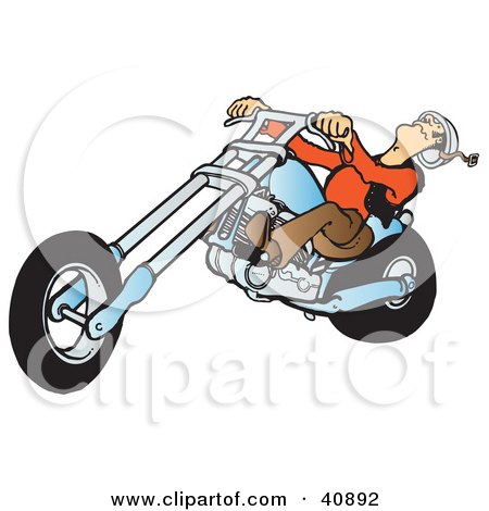 Clipart Illustration of a Biker Dude's Head Falling Back While Riding A Powerful Blue Chopper by Snowy