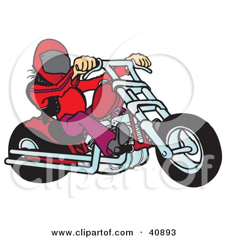 Clipart Illustration of a Biker Dude In A Helmet, Riding A Red Motorcycle Chopper by Snowy