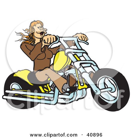 Clipart Illustration of a Red Haired Biker Chick Riding Her Yellow Chopper by Snowy