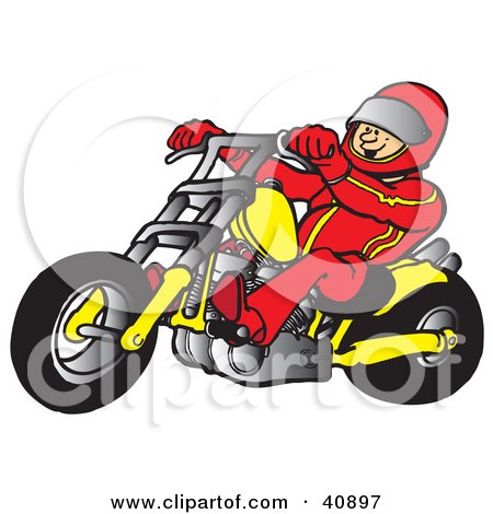 Clipart Illustration of a Biker Wearing A Helmet And Suit, Riding A Yellow Chopper by Snowy