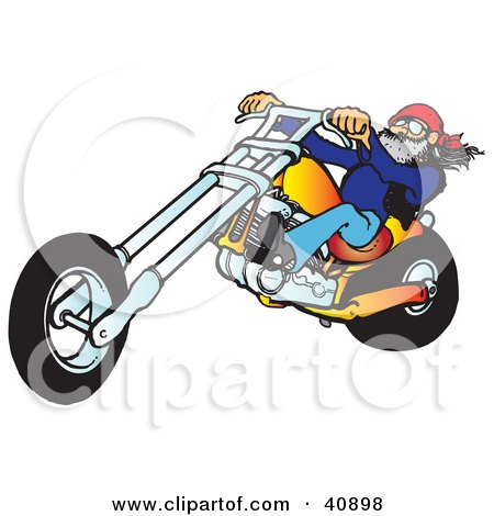 Clipart Illustration of a Cool Motorcycle Dude With A Beard, Riding His Orange Chopper by Snowy