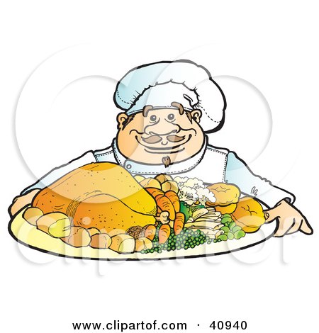Clipart Illustration of a Friendly Male Chef Serving A Chicken Dinner With Veggies by Snowy