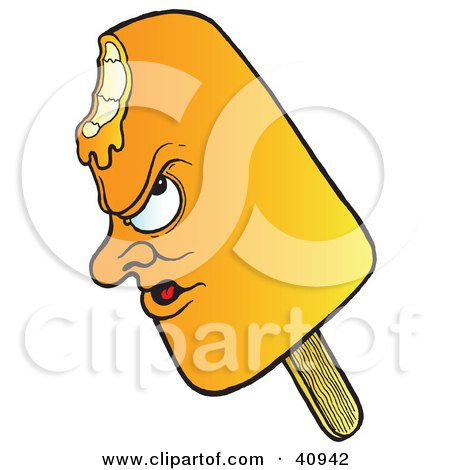 Clipart Illustration of a Grumpy Orange Popsicle Character With A Bite Missing by Snowy