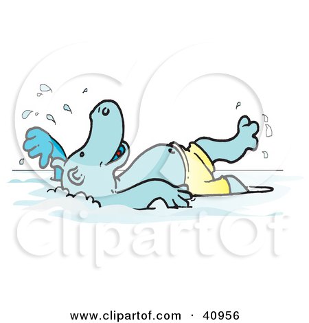 Clipart Illustration of a Blue Hippo Swimming A Backstroke by Snowy
