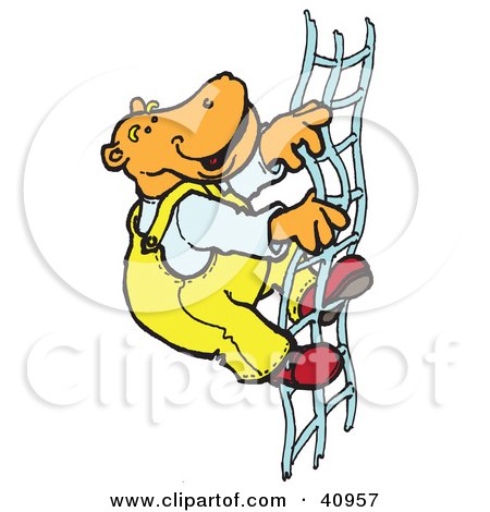 Clipart Illustration of an Orange Hippo Climbing A Rope Ladder by Snowy