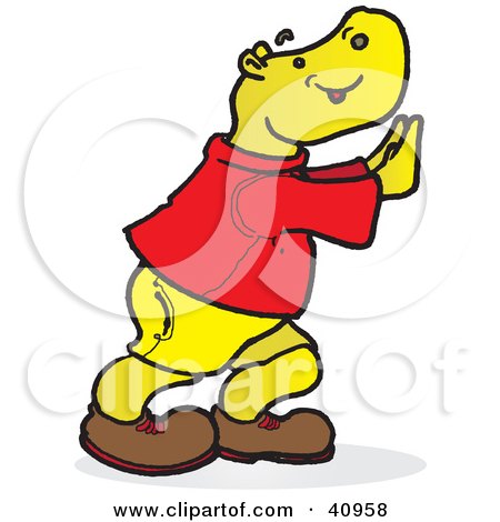 Clipart Illustration of a Yellow Hippo Pushing Against A Wall by Snowy
