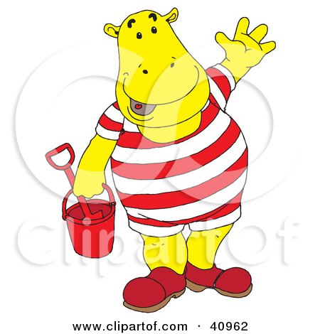 Clipart Illustration of a Yellow Hippo With A Bucket At The Beach by Snowy