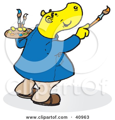 Clipart Illustration of a Yellow Hippo Artist Painting A Masterpiece by Snowy