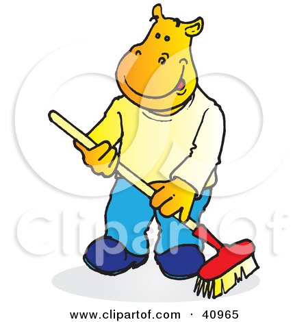 Clipart Illustration of a Yellow Hippo Sweeping With A Push Broom by Snowy