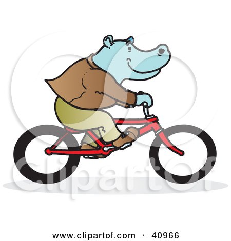 Clipart Illustration of a Blue Hippo Riding A Red Bike by Snowy