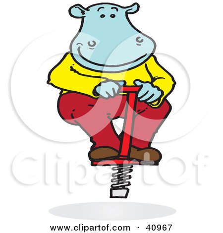 Clipart Illustration of a Blue Hippo Bouncing On A Red Pogo Stick by Snowy