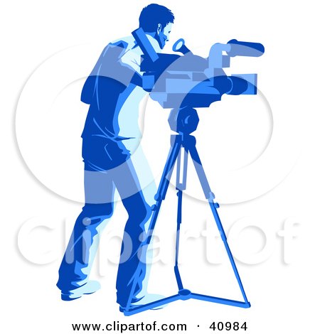 Clipart Illustration of a Blue Silhouetted Camera Man With A Tripod In A Studio by Tonis Pan