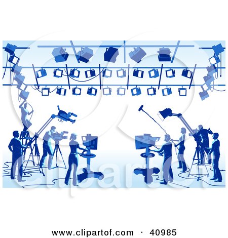 Clipart Illustration of a Blue Silhouetted Scene Of Camera, Light And Sound Technicians In A Studio by Tonis Pan