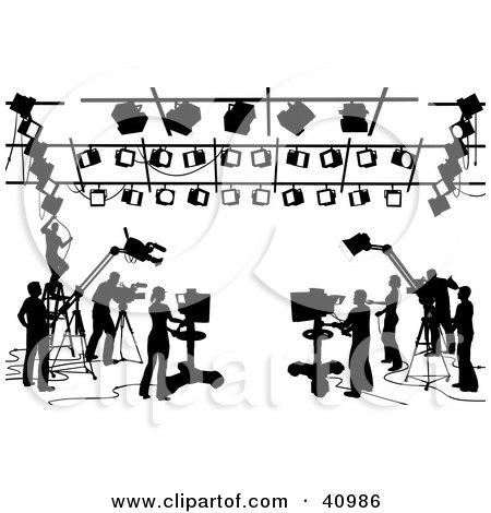 Clipart Illustration of a Silhouetted Black And White Scene Of Camera, Light And Sound Technicians In A Studio by Tonis Pan