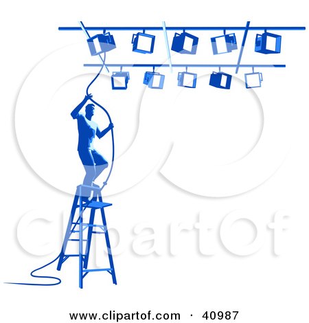 Clipart Illustration of a Blue Silhouetted Spotlight Technician On A Ladder by Tonis Pan