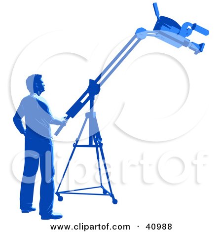 Clipart Illustration of a Blue Silhouetted Camera Man Operating A Boom In A Studio by Tonis Pan