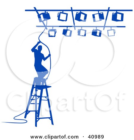 Clipart Illustration of a Blue Silhouetted Lighting Technician Arranging Spotlights On A Ladder by Tonis Pan