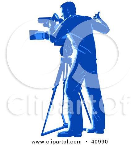 Clipart Illustration of a Blue Silhouetted Camera Man Signaling by Tonis Pan