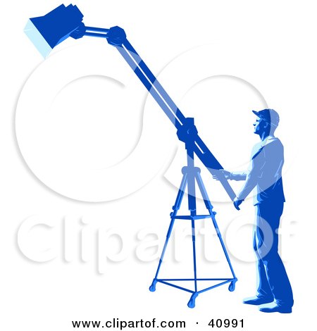 Clipart Illustration of a Blue Silhouetted Spotlight Technician Working In A Studio by Tonis Pan