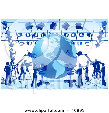 Clipart Illustration of a Globe Surrounded By Blue Silhouetted Camera, Light And Sound Technicians In A Studio by Tonis Pan