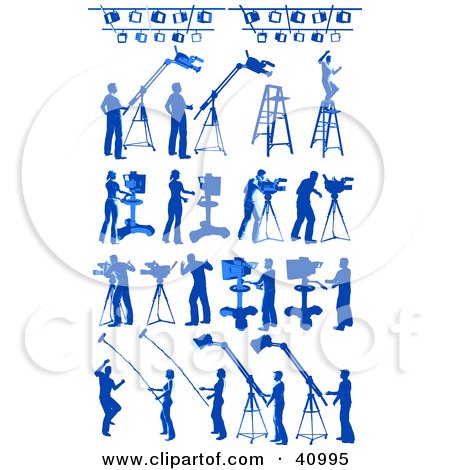 Clipart Illustration of Blue Silhouetted Media Workers And Lights by Tonis Pan