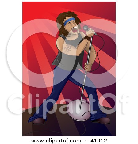 Clipart Illustration of a Male Rock Star Singing And Tipping A Microphone On Stage Under Red Spotlights by Paulo Resende