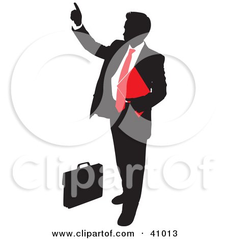 Clipart Illustration of a Red And Black Silhouette Of A Businessman Pointing by Paulo Resende