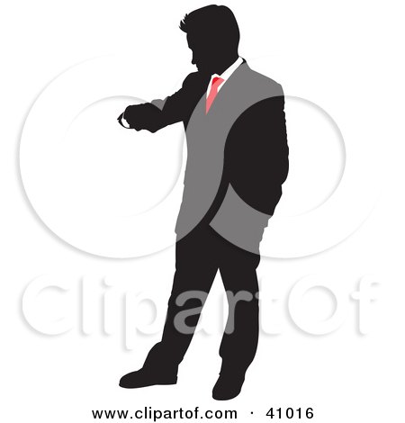Clipart Illustration of a Red And Black Punctual Businessman Checking His Watch Silhouette by Paulo Resende