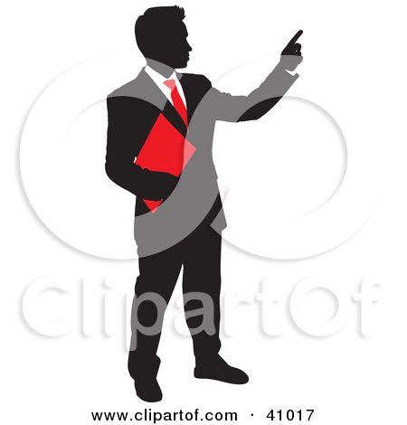 Clipart Illustration of a Red And Black Silhouette Of A Businessman Holding A Folder And Pointing by Paulo Resende