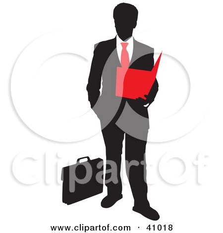 Clipart Illustration of a Red And Black Silhouette Of A Businessman Reading A Folder by Paulo Resende