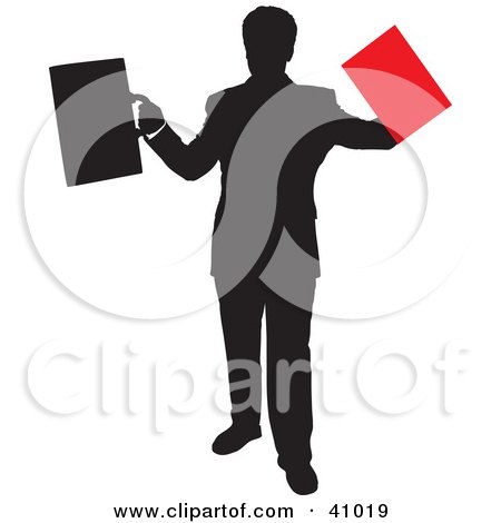 Clipart Illustration of a Red And Black Silhouette Of A Businessman Holding A Briefcase And Folder by Paulo Resende