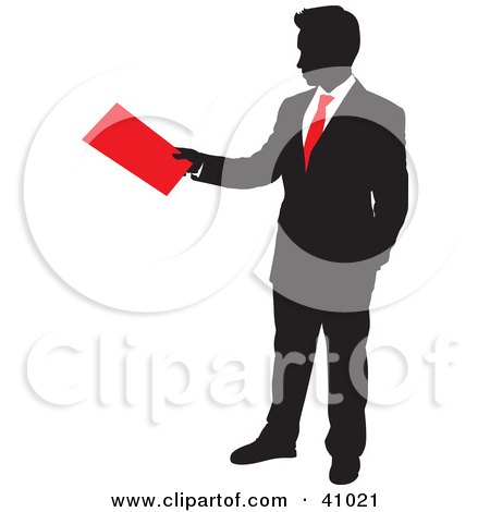 Clipart Illustration of a Red And Black Silhouette Of A Businessman Turning In His Folder by Paulo Resende