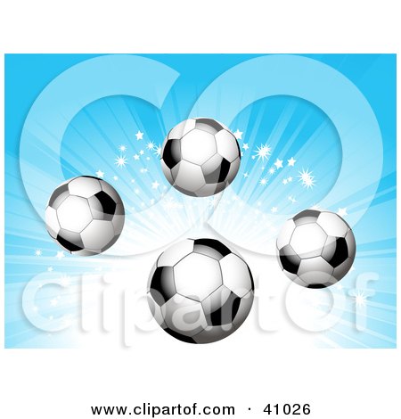 Clipart Illustration of Soccer Balls On A Bursting And Sparkling Blue Background by elaineitalia