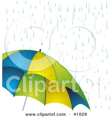 Clipart Illustration of Rain Showers Pouring Down On A Blue, Yellow And Green Umbrella by elaineitalia