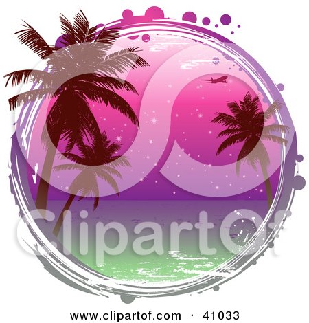 Clipart Illustration of a Grungy Circle Framing A Scene Of Palm Trees Against A Purple Ocean Sunset by elaineitalia