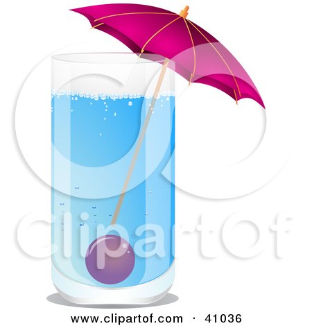 Clipart Illustration of a Blue Cocktail Served With A Pink Umbrella And A Cherry by elaineitalia
