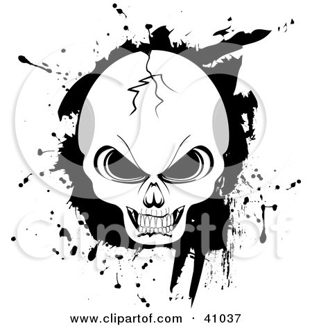 Clipart Illustration of a Cracked Evil Human Skull With Black Grunge by elaineitalia
