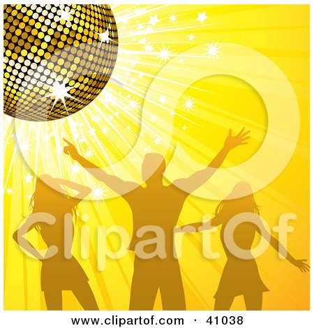 Clipart Illustration of a Man And Two Women Dancing Under A Gold Disco Ball On A Sparkling Yellow Background by elaineitalia
