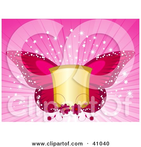 Clipart Illustration of a Blank Golden Shield With Pink Butterfly Wings On A Bursting Sparkling Background by elaineitalia
