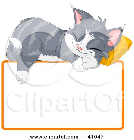 Clipart Illustration of an Adorable Gray Kitten Napping On A Pillow Over A Blank Text Box by Pushkin