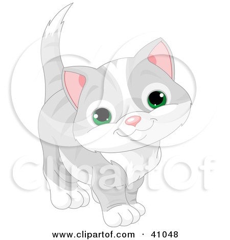 Clip Art Illustration of an Adorable Green Eyed, Gray Kitten Looking Curiously At The Viewer by Pushkin