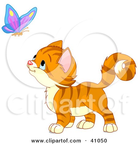 Clipart Illustration of an Adorable Orange Kitten Watching A Butterfly by Pushkin