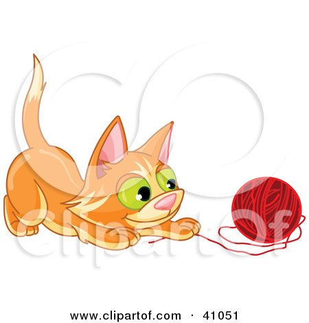 Clipart Illustration of a Frisky Orange Kitten Playing With A Ball Of Red Yarn by Pushkin